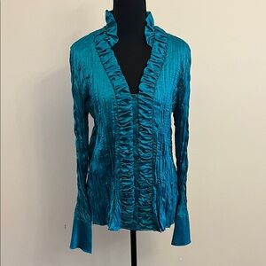 Sunny Taylor Teal Ruffled V-Neck Long Sleeve Blouse